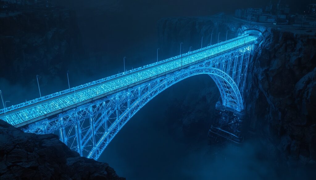 A metaphorical architectural bridge made of glowing cyan data, representing authoritative backlink connections in 2026.