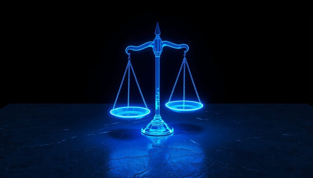 A glowing digital justice scale representing online lead generation and SEO for criminal defense lawyers.