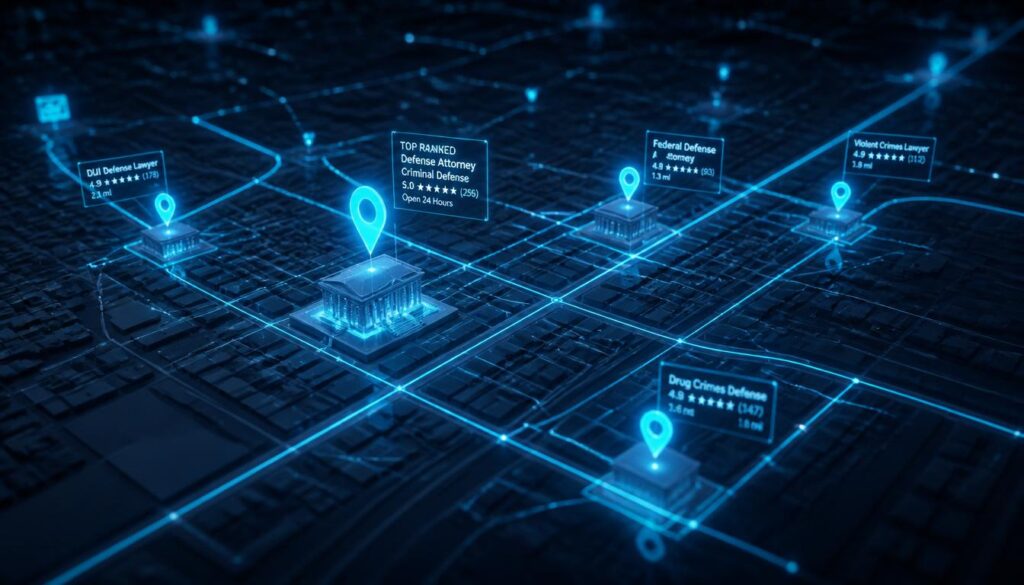 Glowing data nodes on a city map representing local SEO strategies for criminal defense law firms.