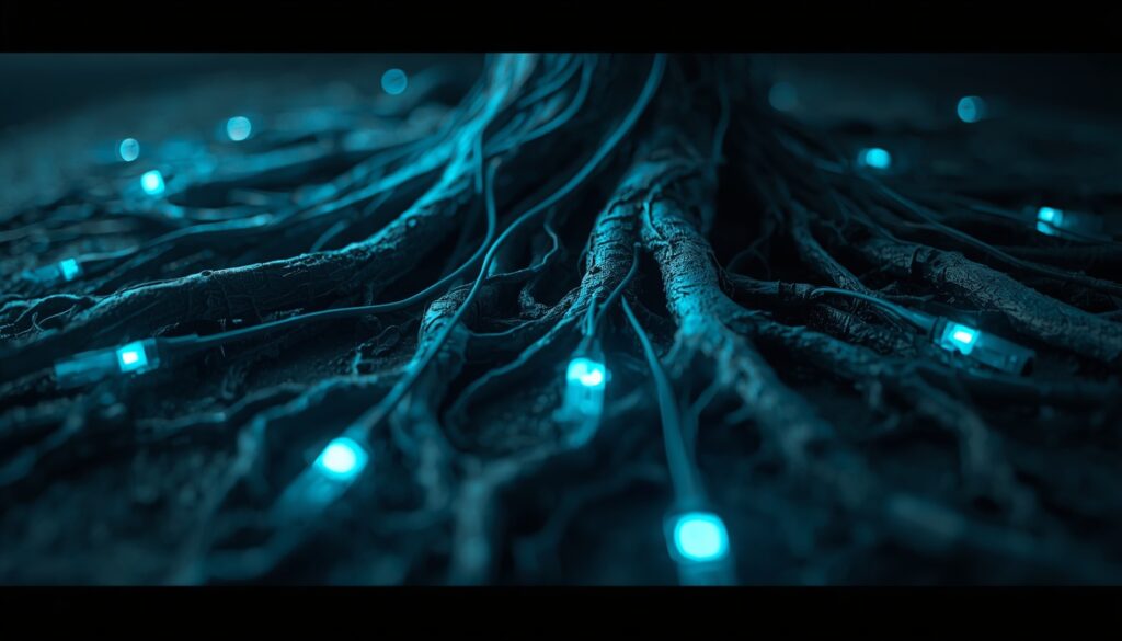 Macro shot of organic roots combined with glowing cyan fiber optic cables, symbolizing organic link growth and deep topical authority.