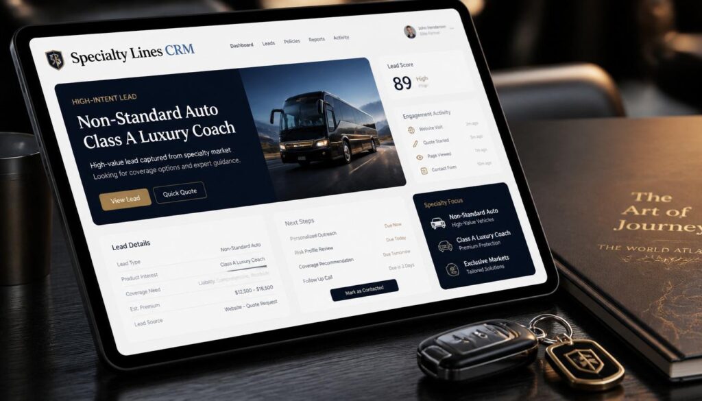 Specialty lines CRM showing lead generation for high-net-worth RV and non-standard auto insurance.