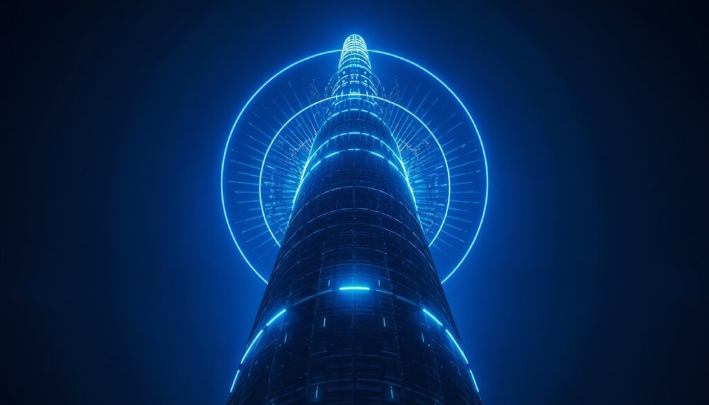 A glowing cyan communication tower symbolizing how law firm websites generate more client calls and capture leads.