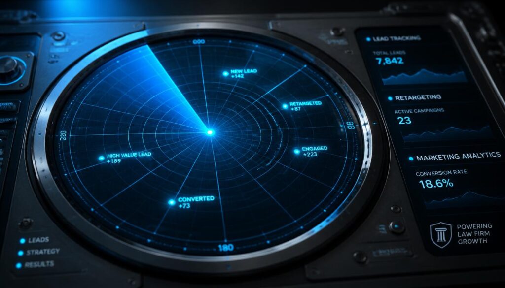 A futuristic radar display representing marketing analytics and lead tracking for defense attorneys.