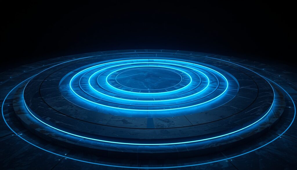 A glowing cyan radar platform, symbolizing the outward reach and signal strength of online reviews for Local SEO.