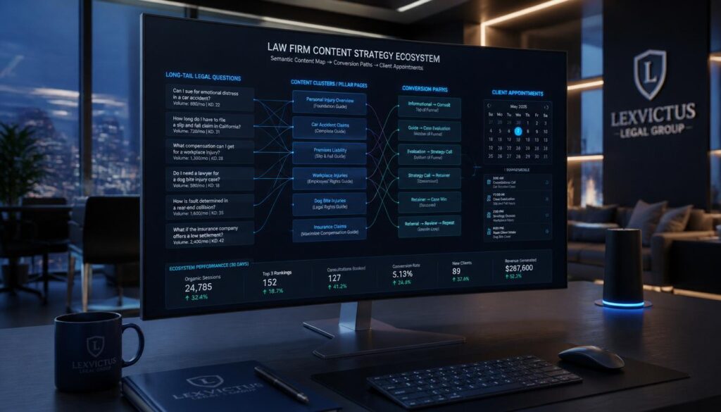 Strategic data dashboard mapping long-tail legal questions into high-converting blog architectures for law firm websites.