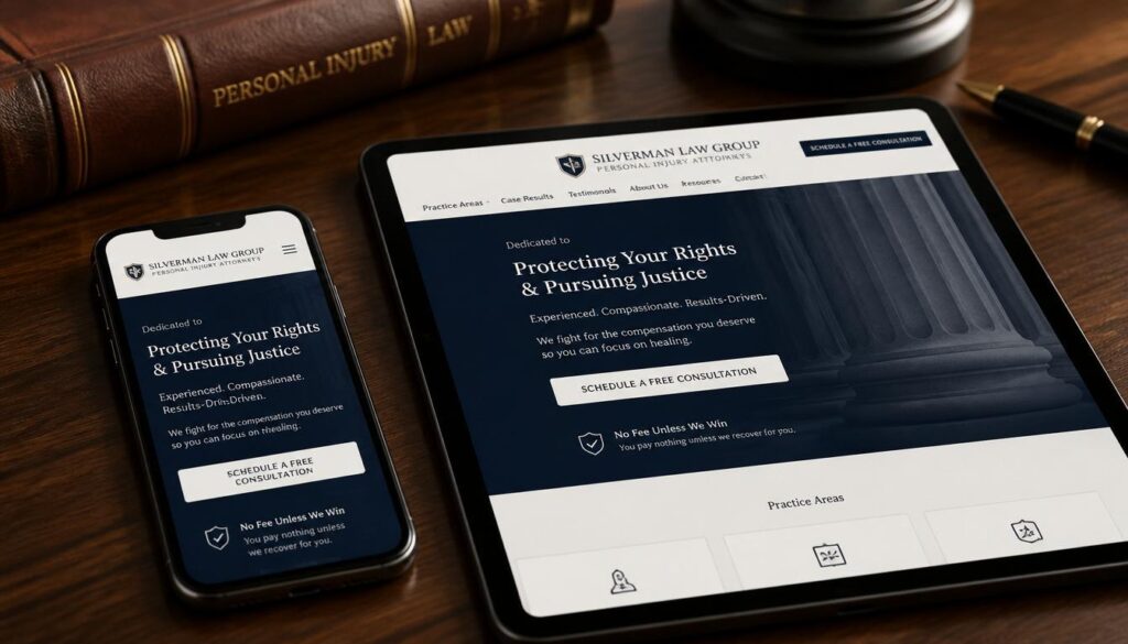 Mobile-friendly law firm website design and optimized conversion forms on a smartphone and tablet.