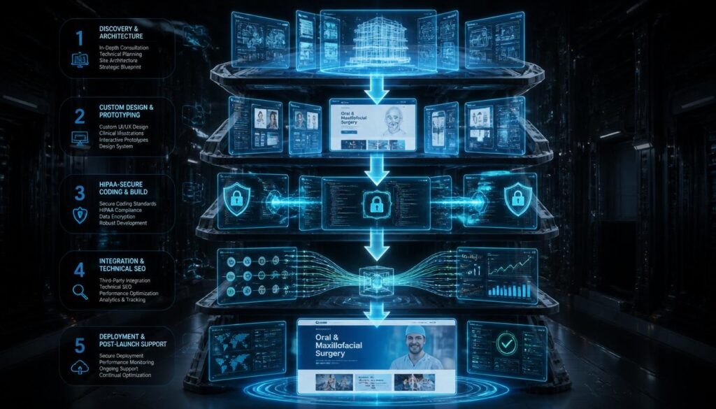 Vertical five-step development pipeline and digital architecture for Oral & Maxillofacial Surgery websites by AMJ Digital Pro, incorporating Discovery, Custom Design, HIPAA-Secure Coding, SEO Integration, and Deployment.