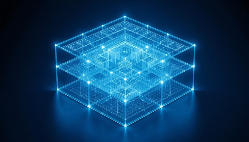 An architectural blueprint made of glowing cyan data, representing organized practice area pages for law firm websites.