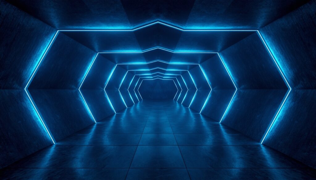 A symmetrical architectural structure with glowing cyan lights, symbolizing clean layout and consistent professional design for law firms.