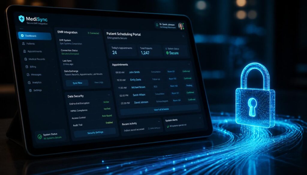 Secure EMR/EHR integration and encrypted patient scheduling portal design for US healthcare websites.