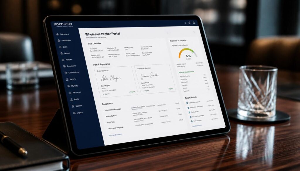 Secure wholesale broker portal for non-admitted and high-risk property insurance lead generation.