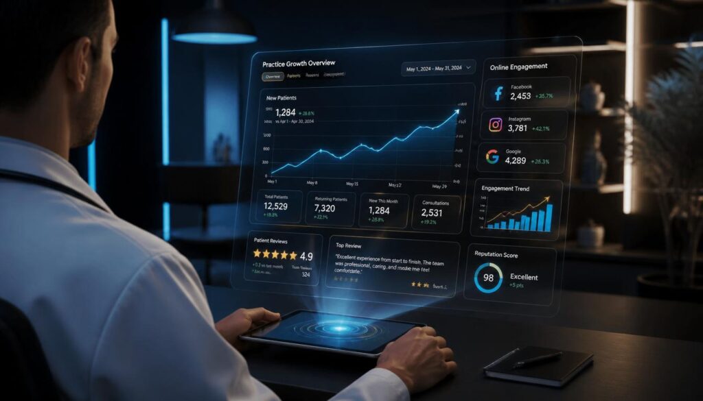 A professional interacting with a holographic dashboard displaying SEO analytics, reviews, and social media metrics for a GI practice.