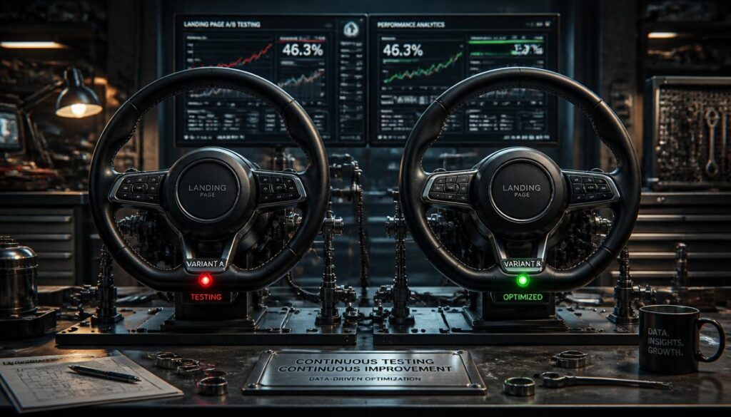 Two identical steering wheels on a testing bench, one with a green optimized light, representing A/B testing for landing pages.