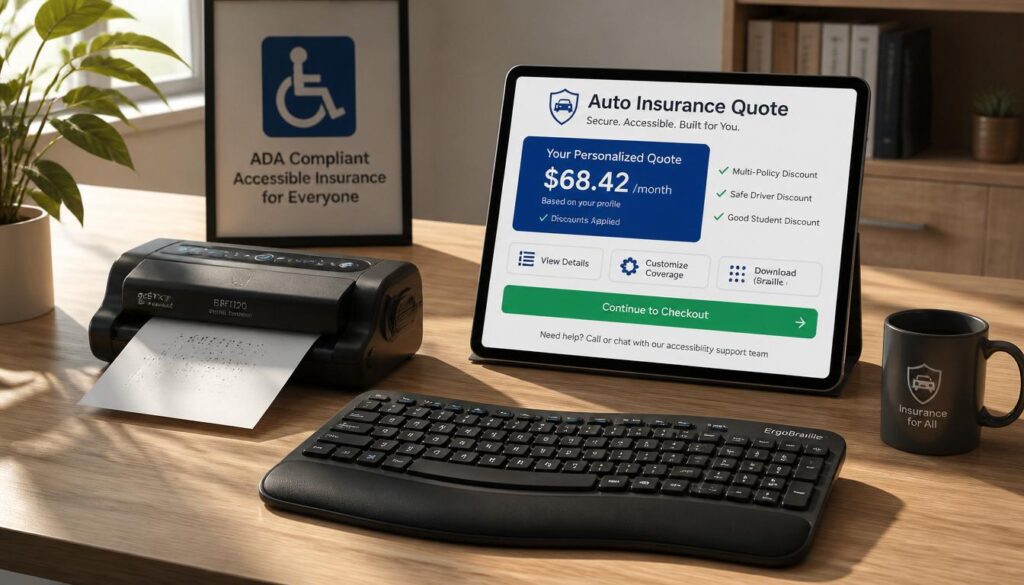 An ergonomic keyboard, Braille embosser, and a tablet displaying a high-contrast auto insurance quote interface, representing accessible web design.