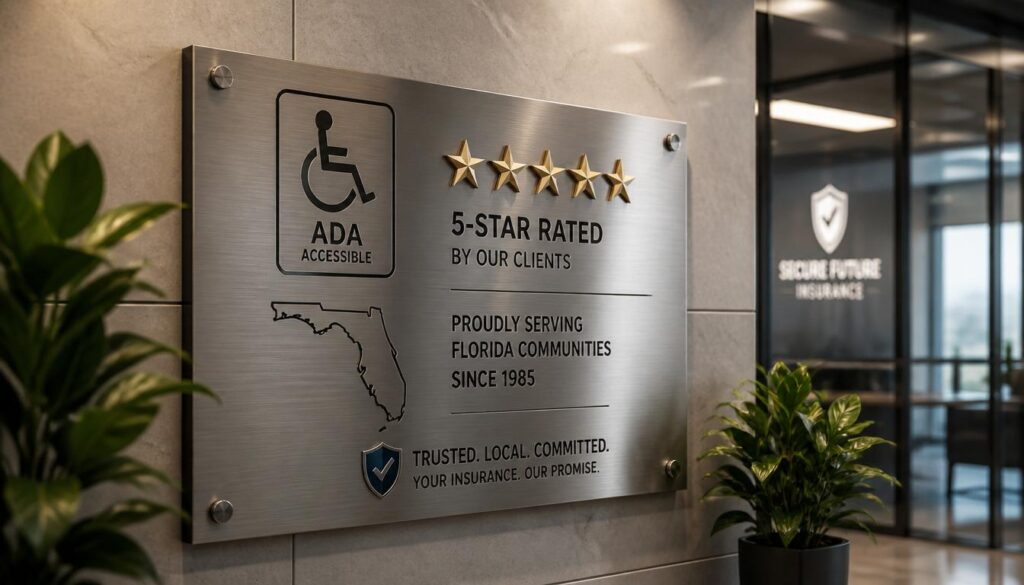 A brushed steel wall plaque featuring an ADA accessible icon, a five-star rating, and a state map, representing trust and compliance for insurance agencies.