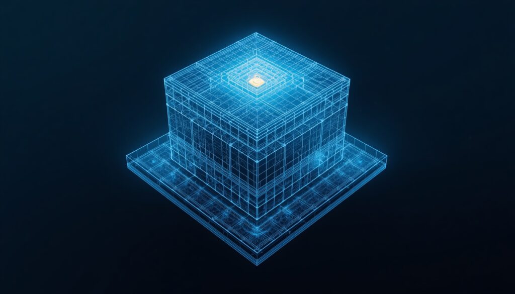 A 3D digital wireframe mapping a hub-and-spoke content architecture in cyan and gold, optimized for auto insurance SEO and AI Overviews.
