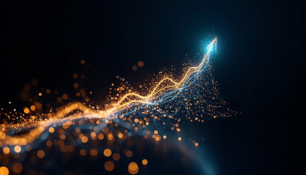 Abstract fiber-optic light trails forming an upward-trending cyan and gold analytics graph, visualizing AI search visibility and organic traffic growth for insurance companies.