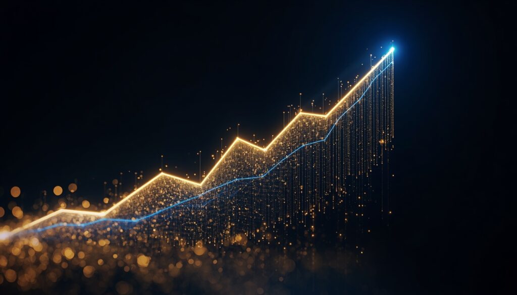 Abstract fiber-optic light trails forming an upward-trending cyan and gold analytics graph, visualizing AI search visibility and brand authority growth for insurance companies.