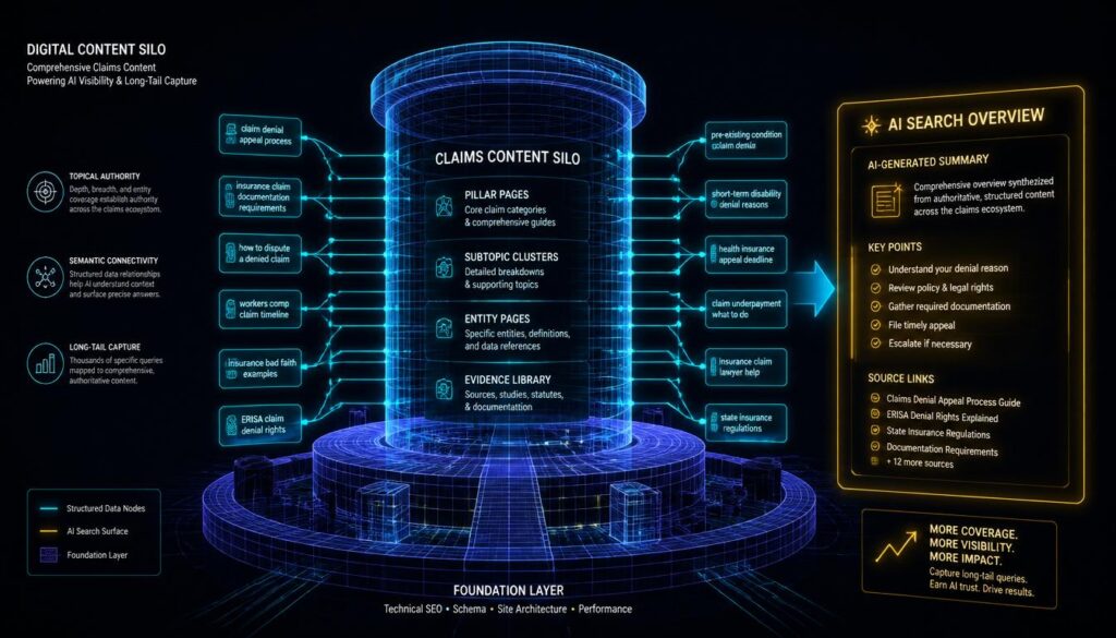 A 3D digital wireframe feeding cyan data nodes into a gold AI Search Overview box, representing AI search visibility for auto insurers.