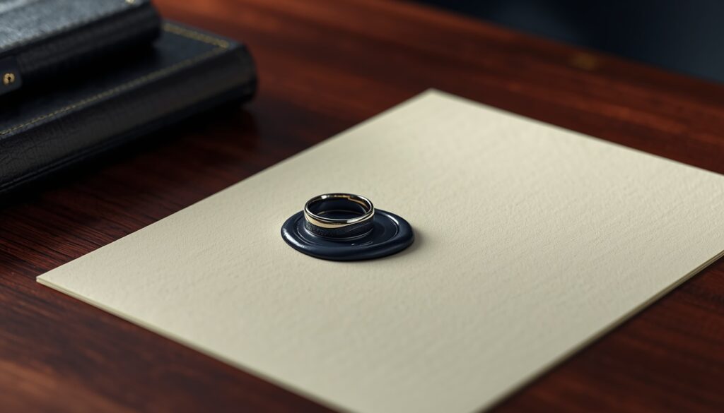 A silver signet ring next to a dark blue wax seal on premium document paper, symbolizing authoritative link building for auto insurance websites.