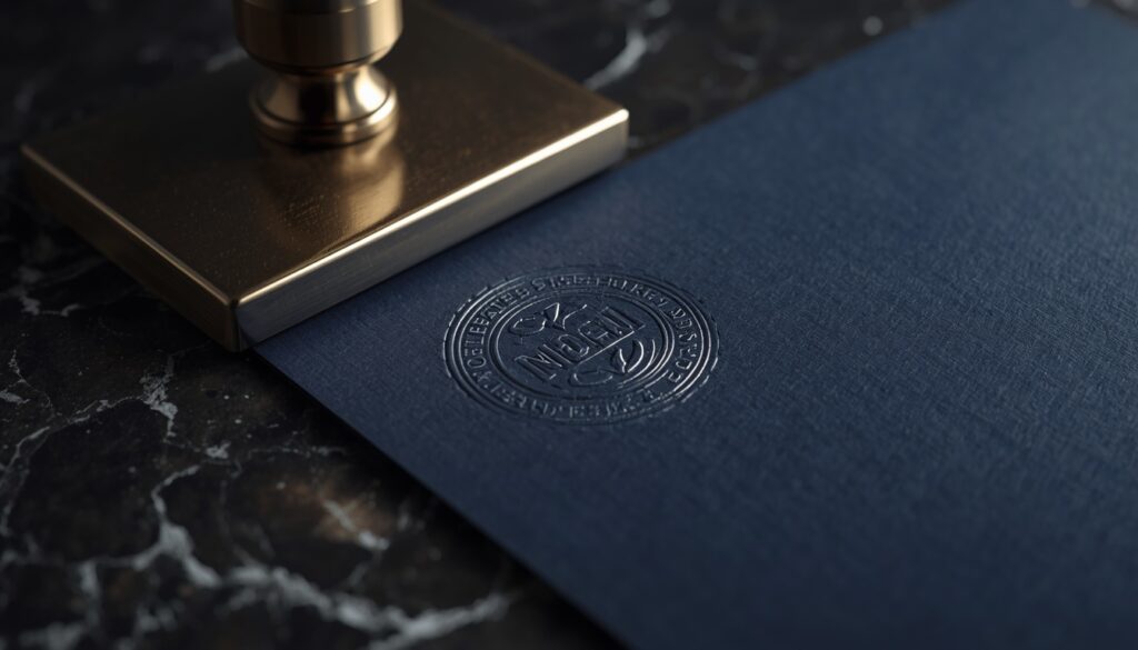 A heavy steel embossing press leaving a crisp seal on premium cardstock, visualizing authoritative and conversion-optimized service pages.