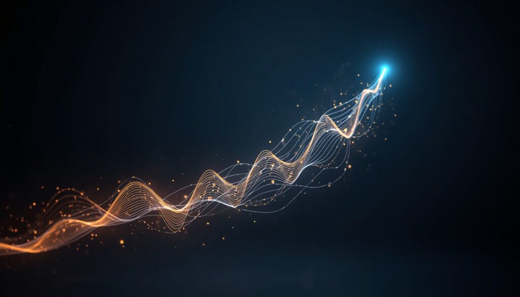 Abstract fiber-optic light trails forming an upward-trending cyan and gold analytics graph, visualizing conversion optimization and reduced acquisition costs for auto insurers.