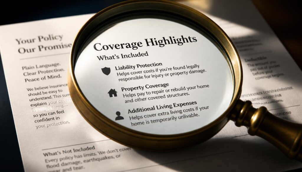 A brass magnifying glass focusing on clear text, symbolizing transparency and easily understood auto insurance policies.