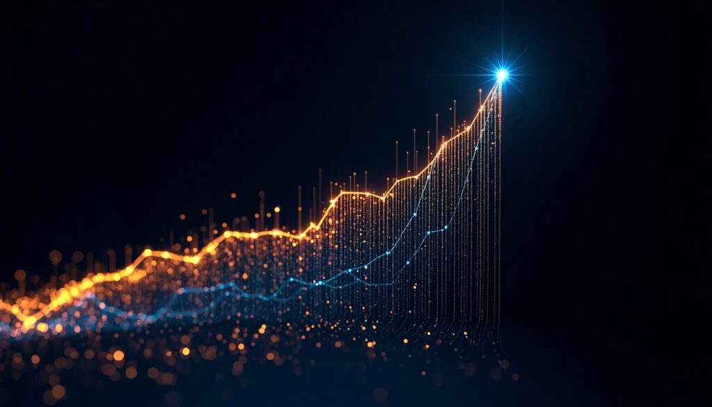 Abstract fiber-optic light trails forming an upward-trending cyan and gold analytics graph, visualizing lower CPA and high ROI for auto insurance content marketing.