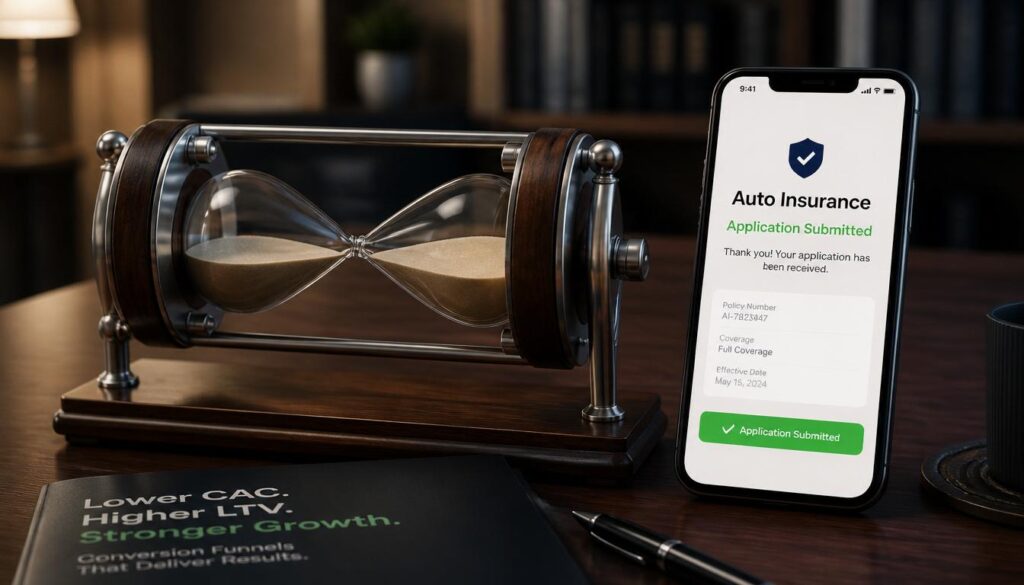 A horizontal hourglass next to a smartphone showing a submitted form, representing reduced acquisition costs and secured conversions.