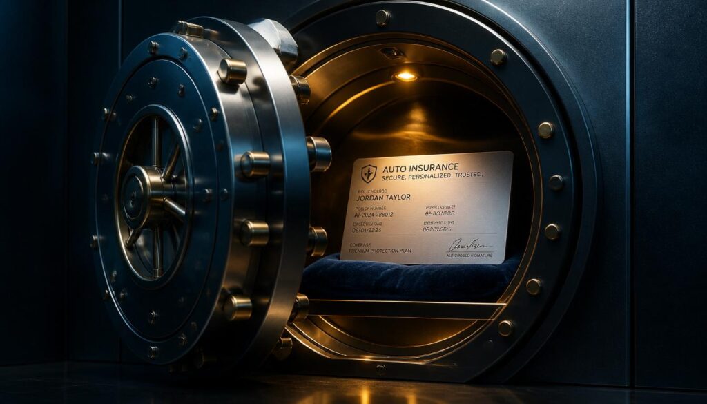 A slightly open titanium vault revealing a personalized auto insurance ID card, symbolizing data security and consumer trust.