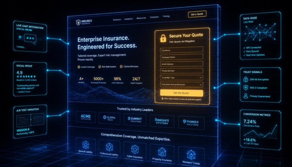 A 3D digital wireframe mapping a conversion-focused auto insurance landing page layout with cyan and gold trust signals and chat integrations.