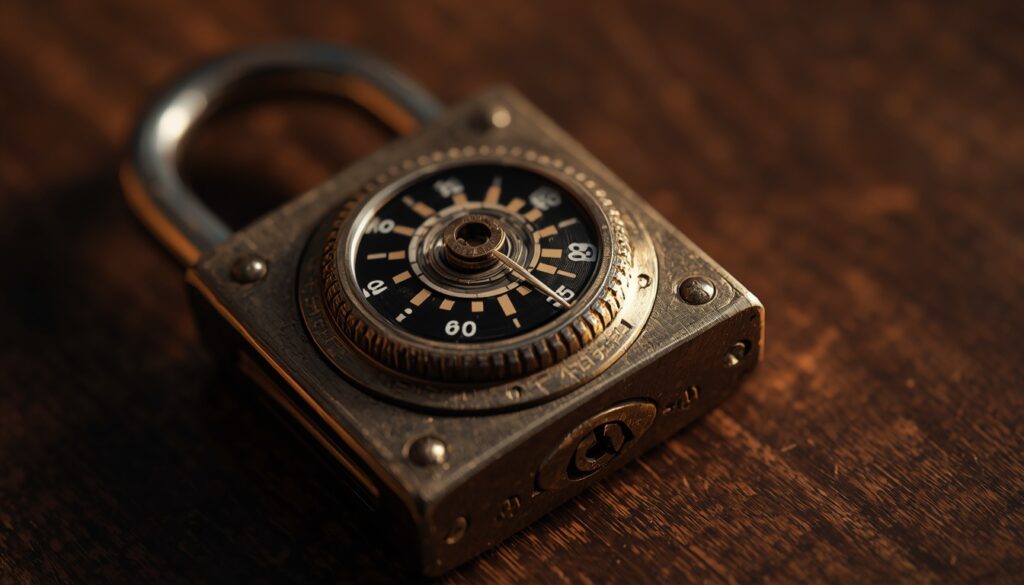 An antique combination lock clicking open on an oak desk, visualizing the successful nurturing and conversion of auto insurance leads.