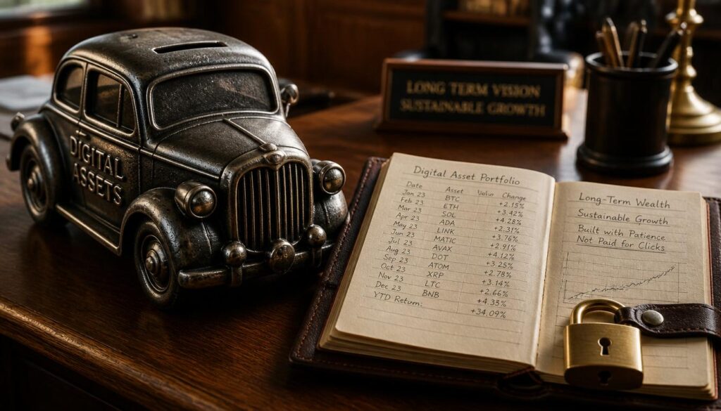 A cast-iron car piggy bank and an open leather ledger on an oak desk, representing long-term SEO financial sustainability for regional insurers.