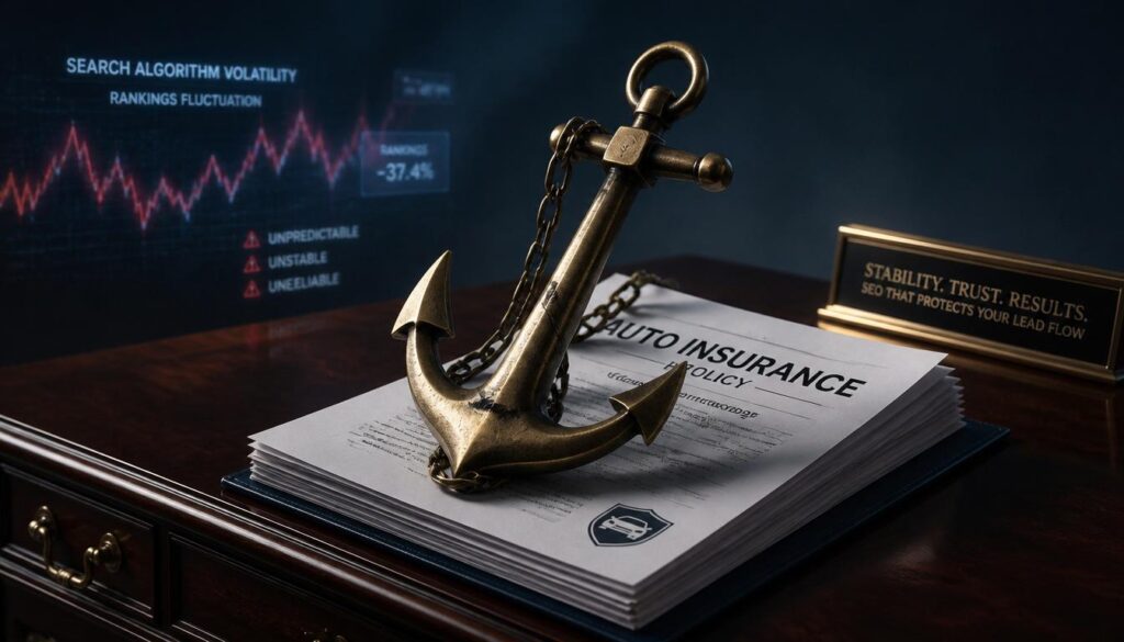 A solid brass anchor holding down auto insurance documents on a desk, symbolizing SEO stability during Google core algorithm updates.