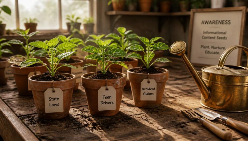 Seedlings growing in labeled terracotta pots on a workbench, representing the cultivation of top-of-funnel awareness through SEO content clusters.