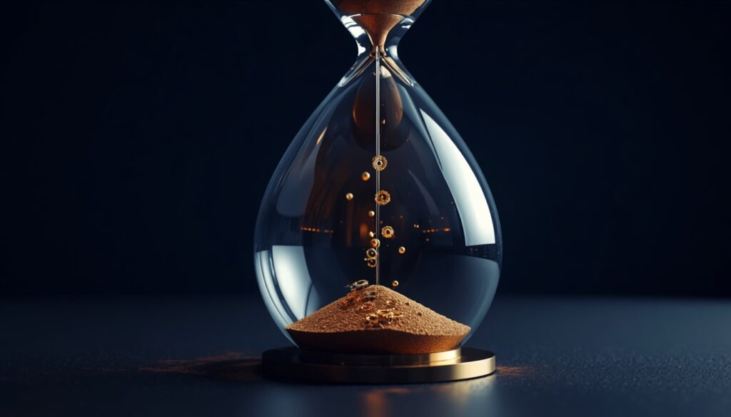 An elegant hourglass where gold gears fall and interlock instead of sand, representing mechanical efficiency and conversion optimization in SEO.