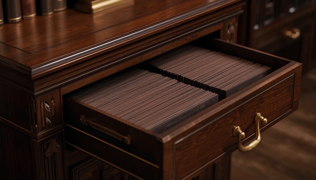 A classic dark walnut card catalog with neatly organized index cards and brass dividers, representing structured SEO topic clusters.