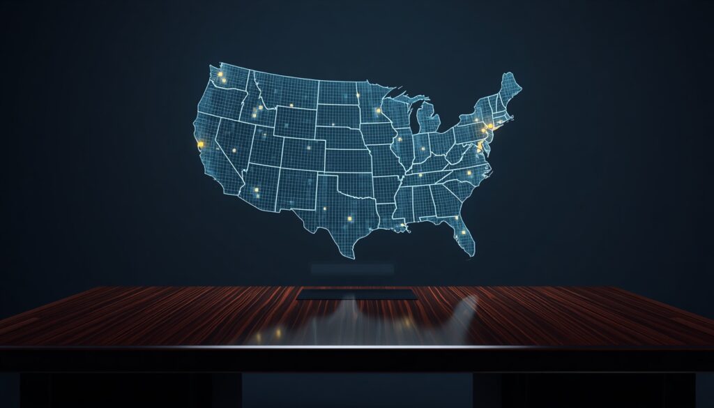 A 3D digital map of the US glowing with cyan and gold data nodes, representing state-specific content silos for auto insurance SEO.