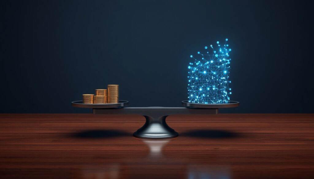 A 3D digital scale balancing shrinking gold coins and a growing cyan content network, visualizing lowered marketing costs through topical authority for auto insurers.