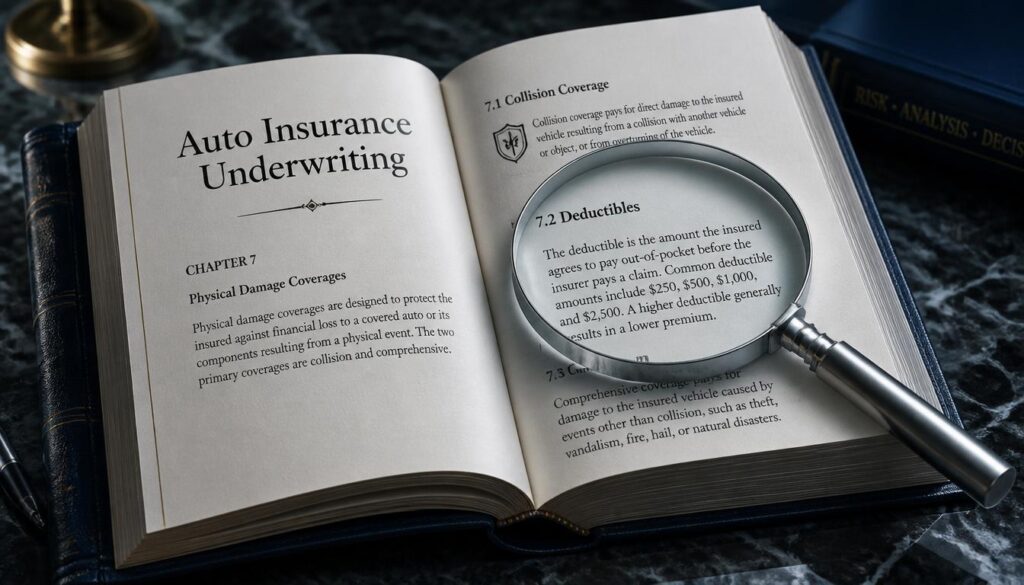 A magnifying glass resting on an open leather-bound auto insurance underwriting book, representing deep content expertise and authority.