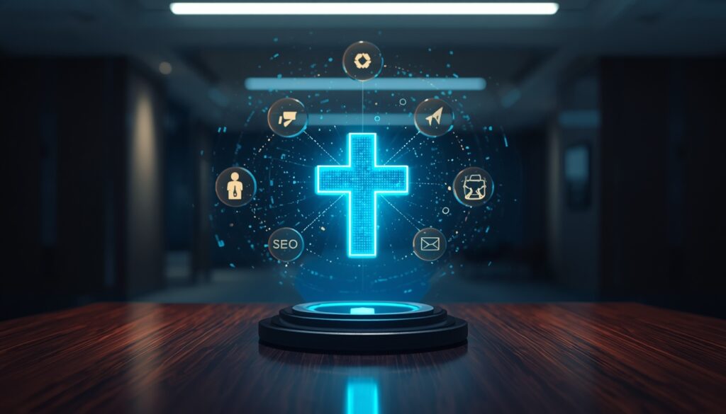 A holographic digital medical cross surrounded by marketing icons in cyan and gold, representing comprehensive digital marketing services for doctors.