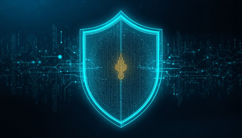 Translucent 3D shield constructed of cyan data streams protecting a core of pulsing gold light representing education and trust for home insurance SEO.