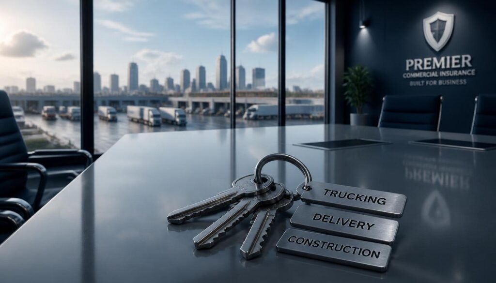 A heavy steel keyring with industry labeled keys on a boardroom table, symbolizing targeted commercial fleet auto insurance marketing.