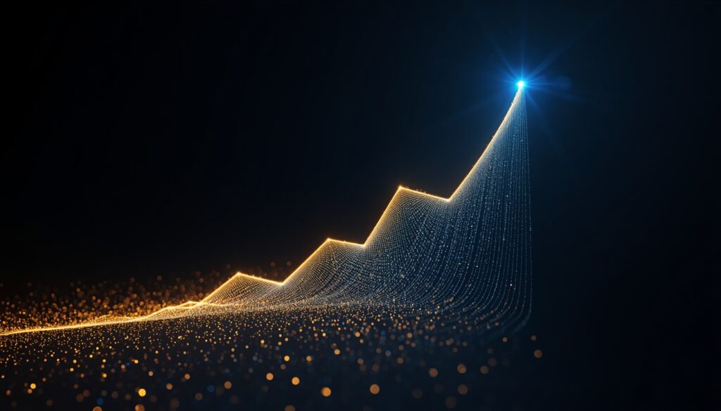 Abstract fiber-optic light trails forming an upward-trending cyan and gold analytics graph, visualizing content marketing ROI and organic growth for insurance companies.