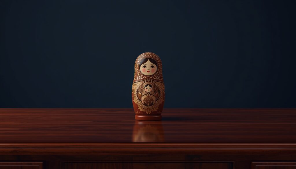 An ornate wooden nesting doll on a mahogany desk, symbolizing structured content silo architecture for auto insurance websites.