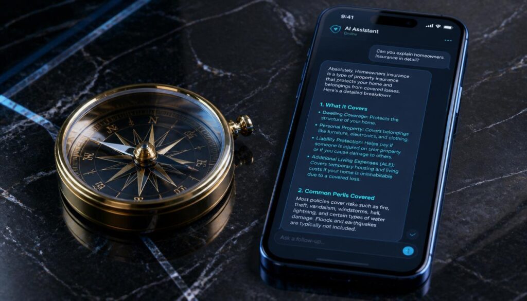 A smartphone displaying a conversational AI search result about home insurance, symbolizing natural language processing and specific content strategy.