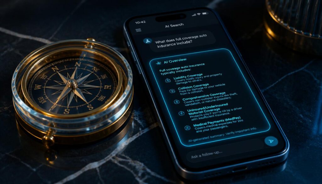 A smartphone displaying a conversational AI search result about auto insurance, symbolizing natural language processing and direct answers for SEO.