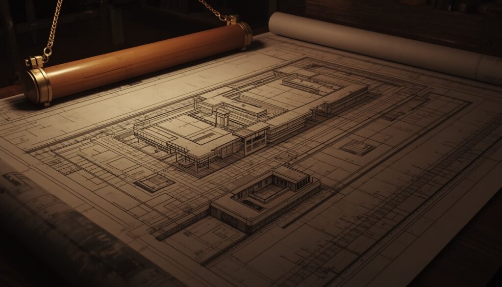 Blueprint plans on a drafting table secured by brass weights, symbolizing structural planning for conversion funnels and website architecture.
