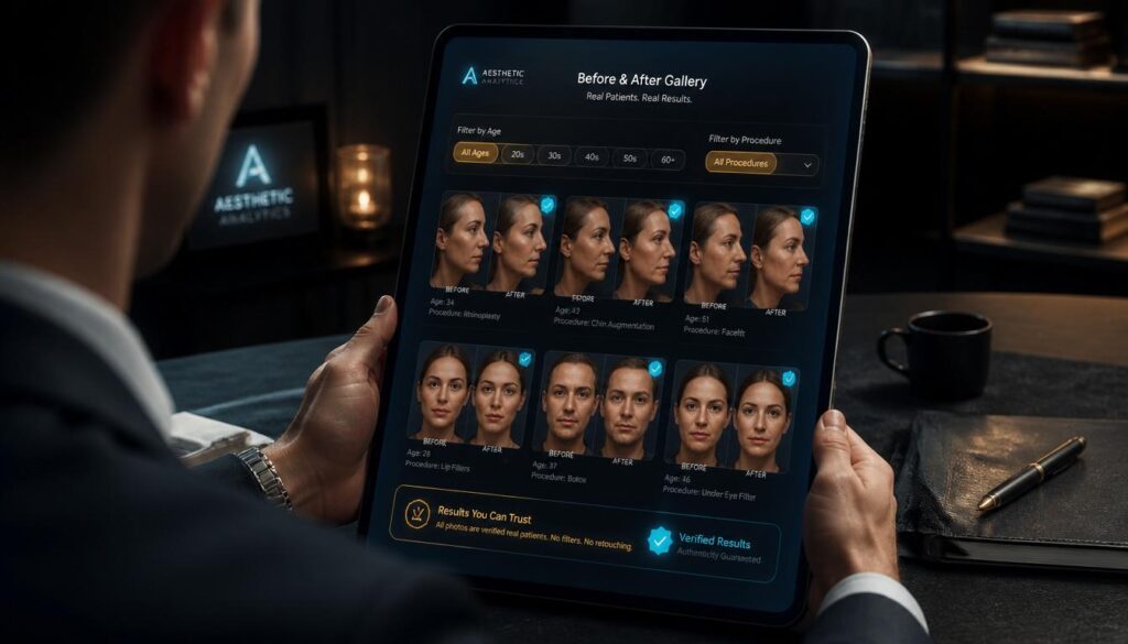A medical professional viewing a digital tablet showing a highly optimized before-and-after gallery interface in cyan and gold, representing patient conversion.