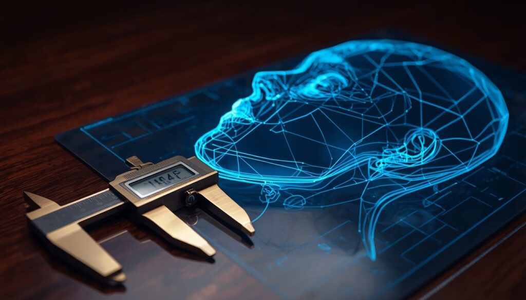 A gold surgical caliper measuring a glowing cyan 3D wireframe of a face, representing precision website design and SEO for cosmetic surgery clinics.